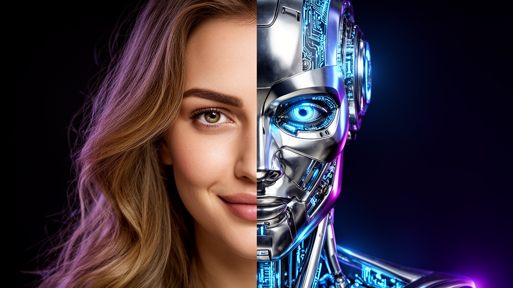 A striking portrait of a half robot half woman, split down the middle. The left side shows a beautiful human woman with natural skin, flowing hair, and a warm expression. The right side reveals a sleek, futuristic robotic counterpart with metallic chrome plating, glowing blue circuits, and a mechanical eye. Dramatic studio lighting, high detail, cinematic, photorealistic, dark background with subtle blue and purple lighting accents.