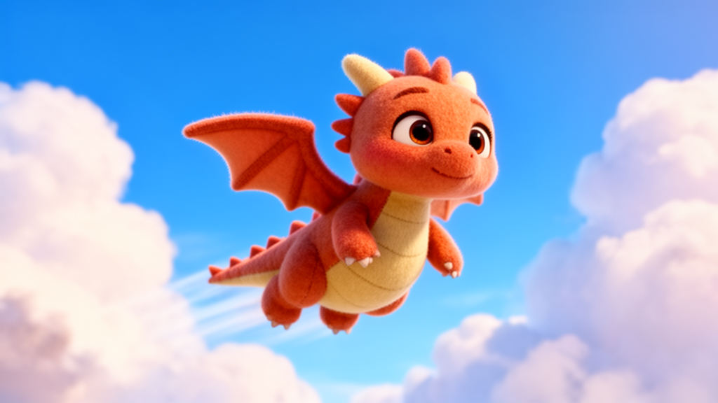 A cute dragon stuffed animal plush toy, cartoon style, CGI Pixar animation aesthetic, flying through a bright blue sky with fluffy white clouds, soft lighting, vibrant colors, 3D rendered look, adorable expression, small wings spread out