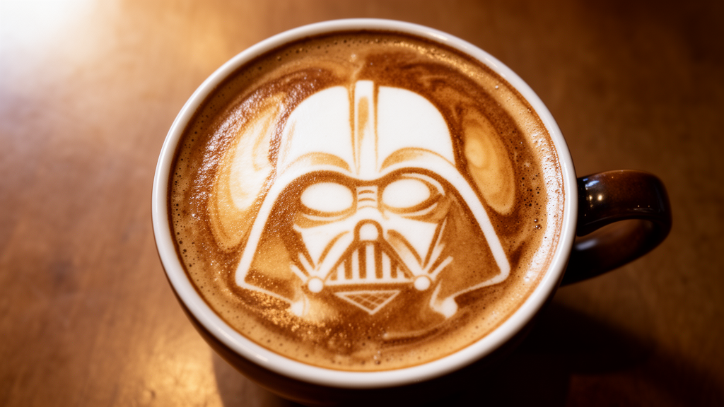 A beautifully crafted latte in a ceramic cup, viewed from above, with intricate milk foam art in the shape of Darth Vader's helmet. Warm coffee shop lighting, rich brown espresso contrasting with creamy white milk design, photorealistic, high detail