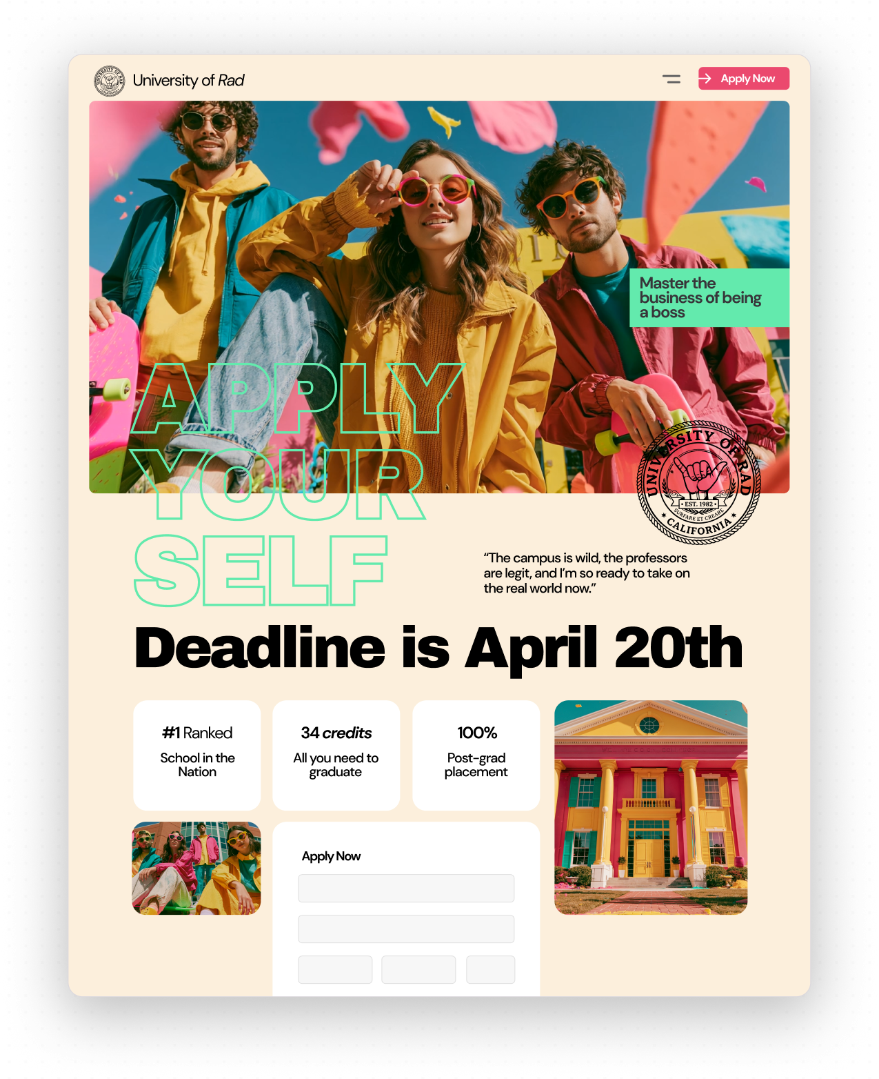 A university landing page assembled by Cora Compose using the site’s own blocks, colors and type