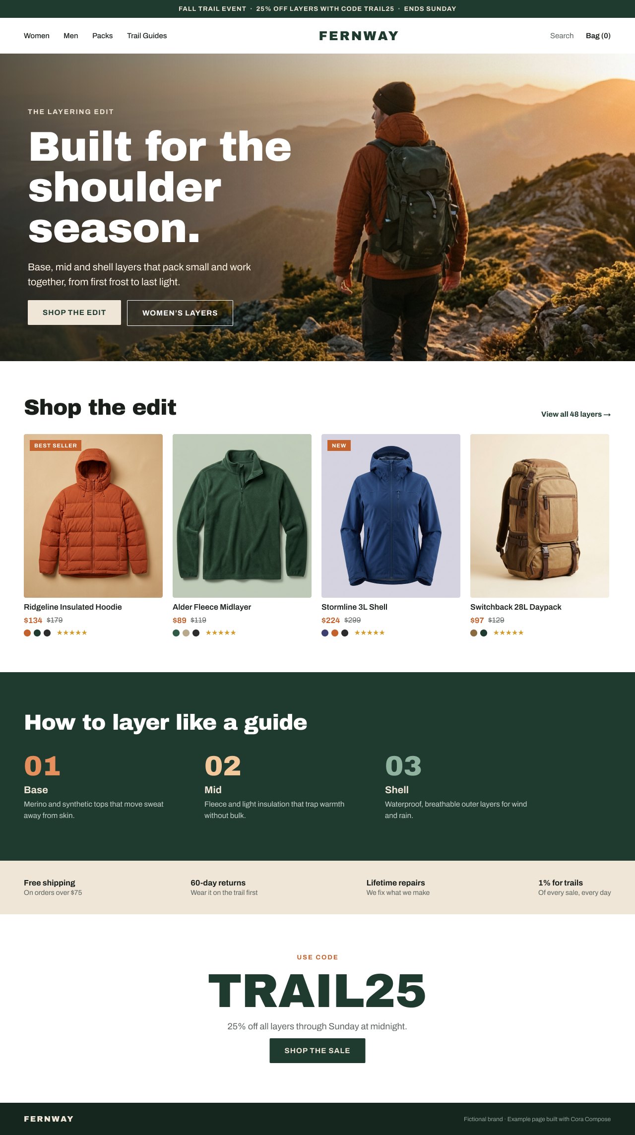 Example campaign landing page for a fictional outdoor apparel brand