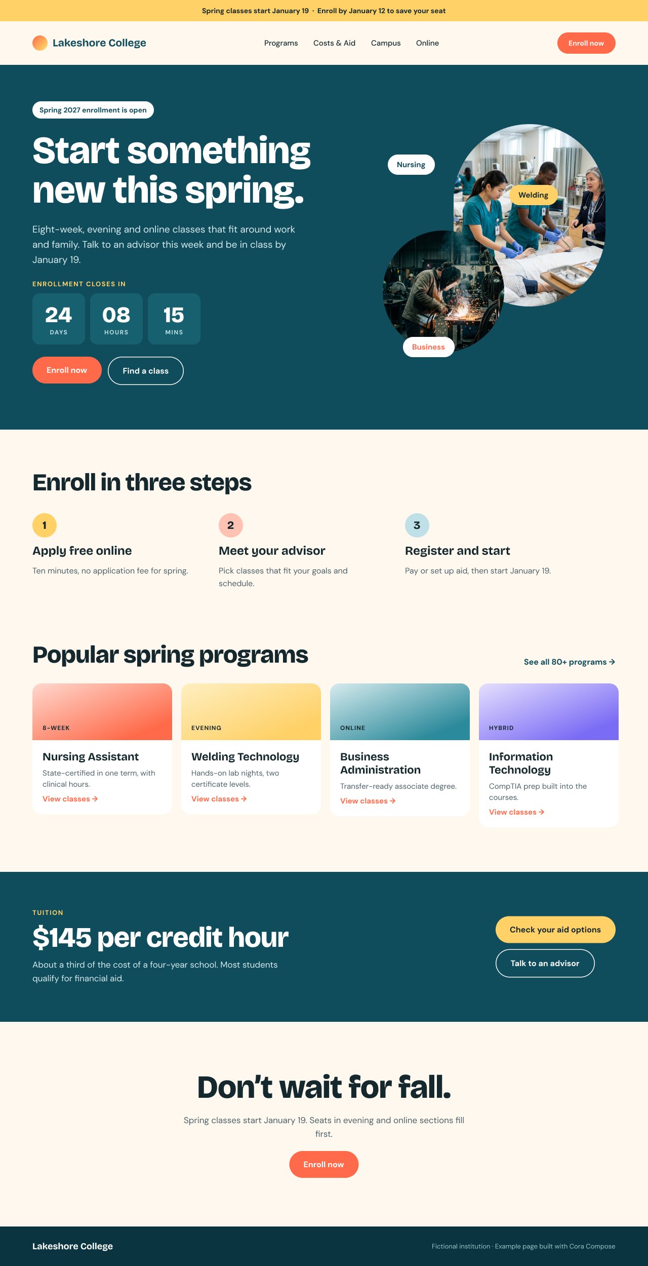 Example seasonal enrollment landing page for a fictional community college