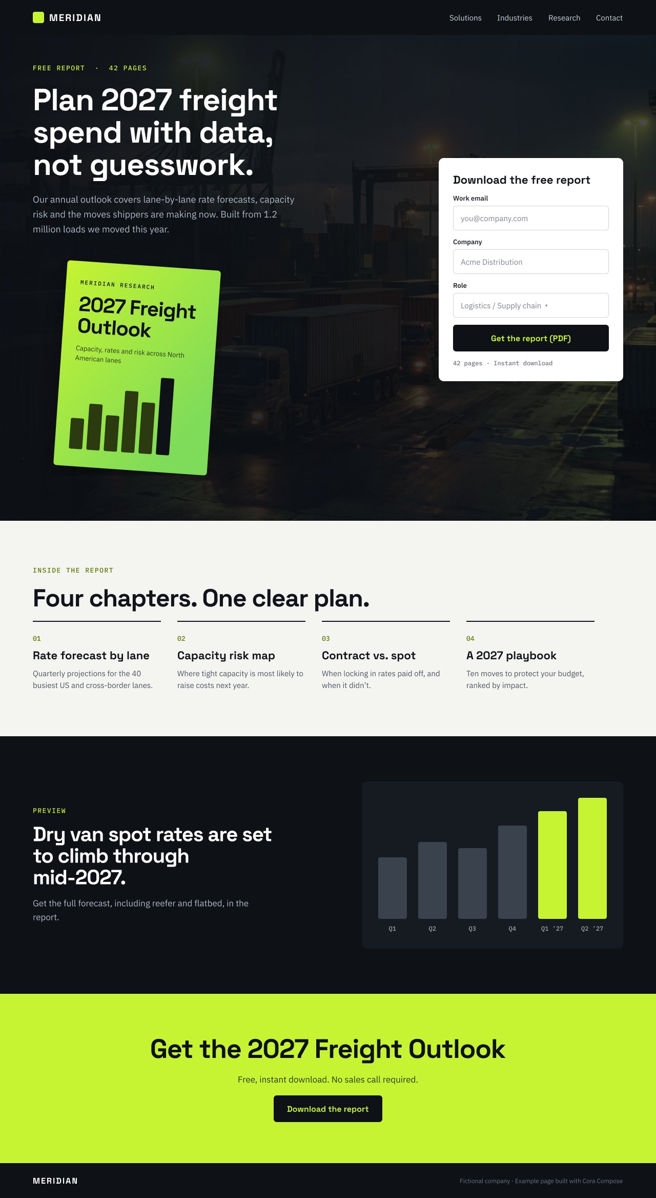 Example gated content landing page for a fictional freight company report