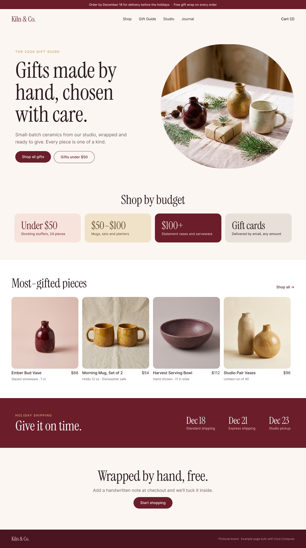 Example seasonal gift guide landing page for a fictional ceramics shop
