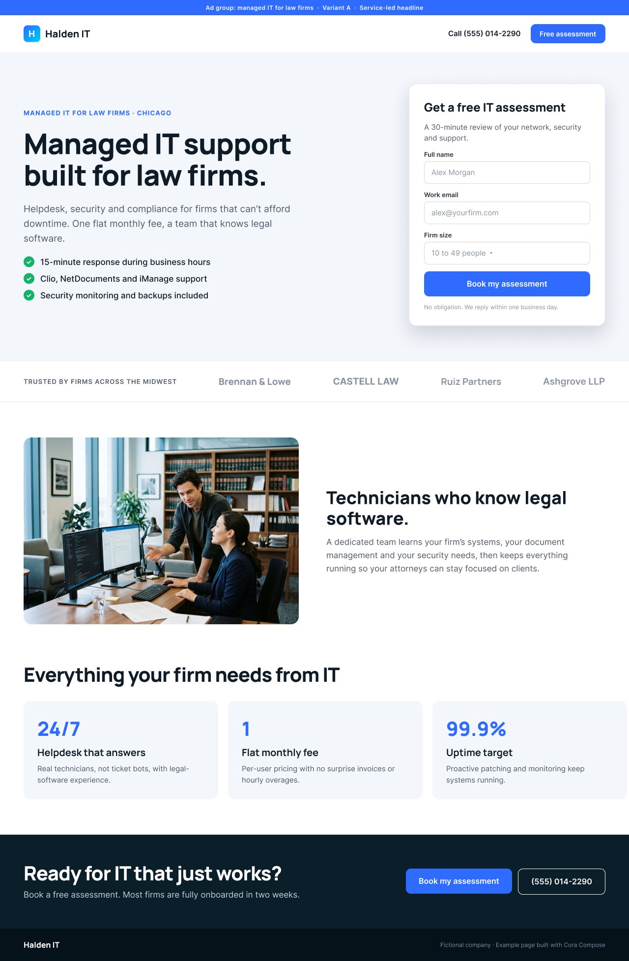 Example paid search landing page, variant A, for a fictional IT services firm