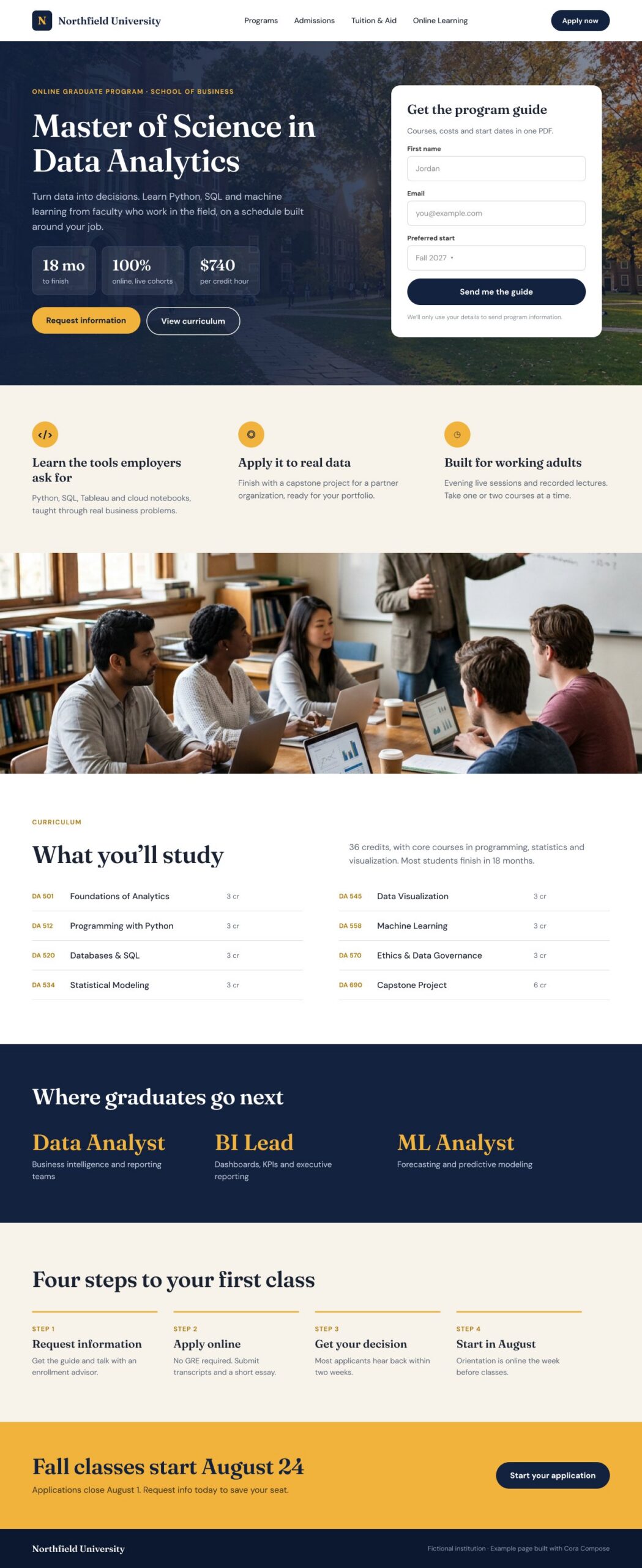 Example program and degree landing page for a fictional university