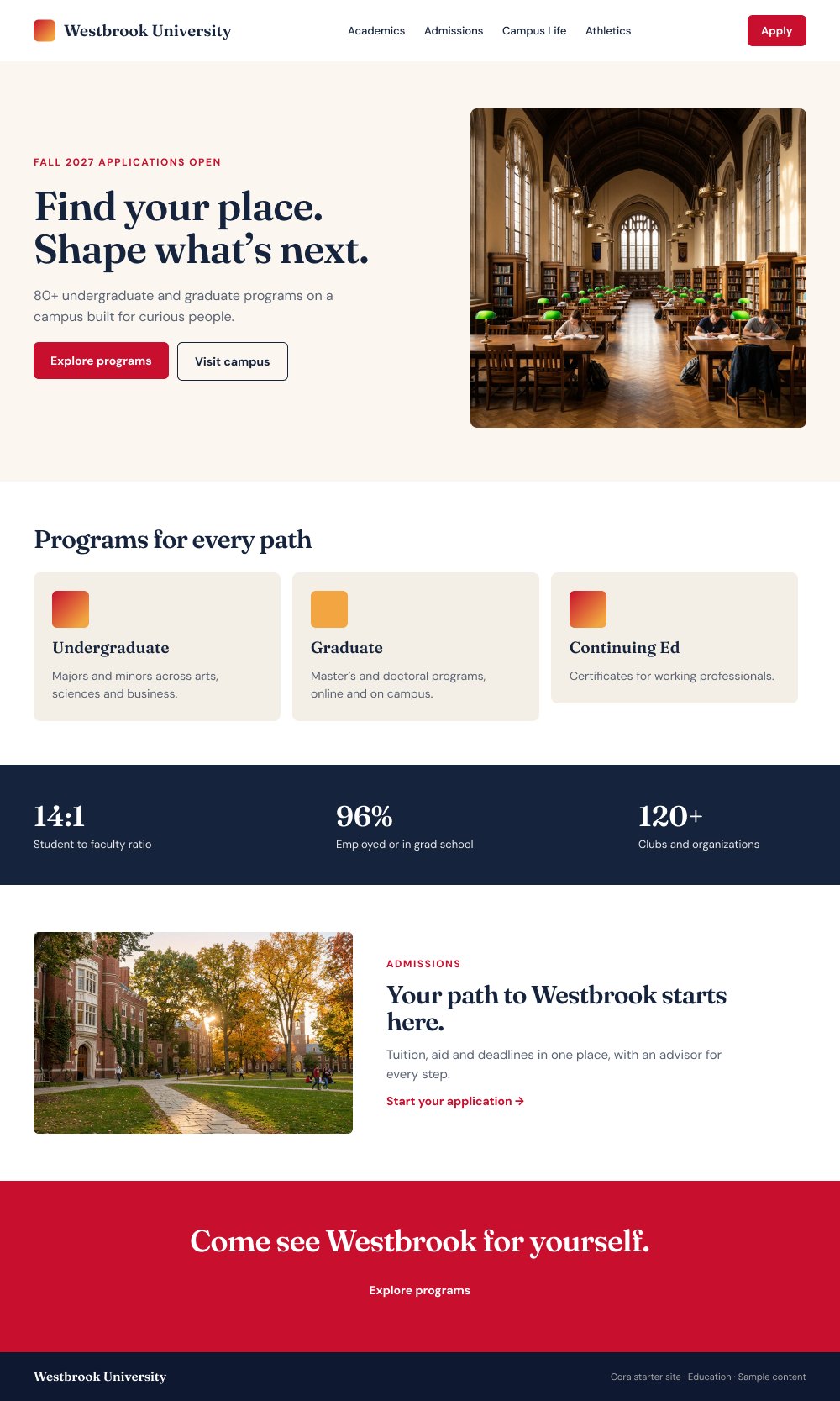 Education starter site homepage with program cards and admissions call to action