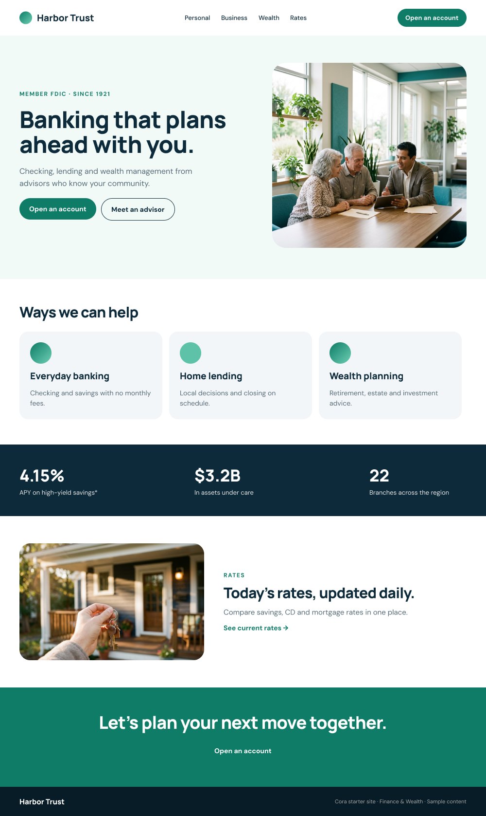 Finance starter site homepage with banking and wealth services