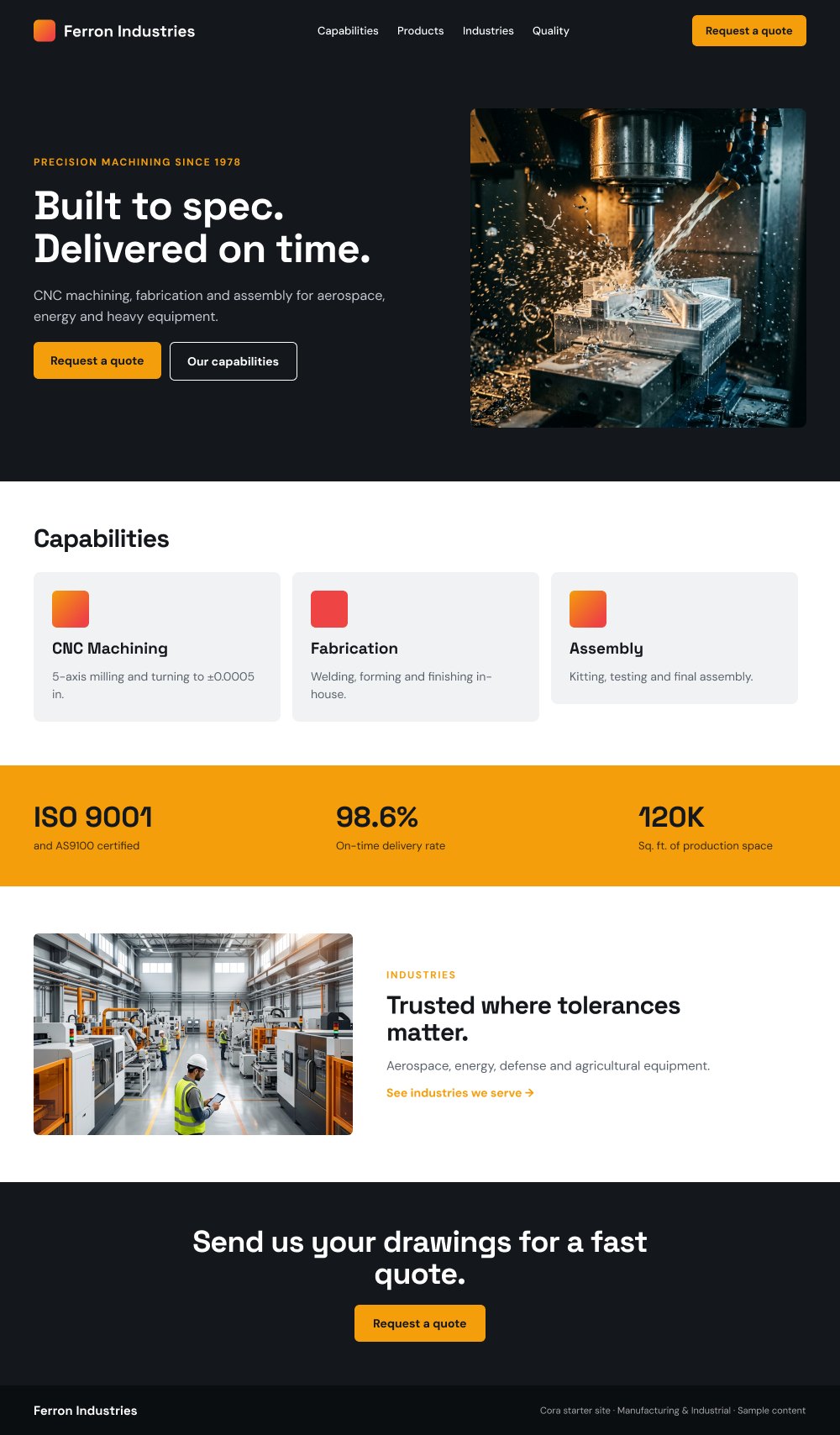 Manufacturing starter site homepage with capabilities and quote request