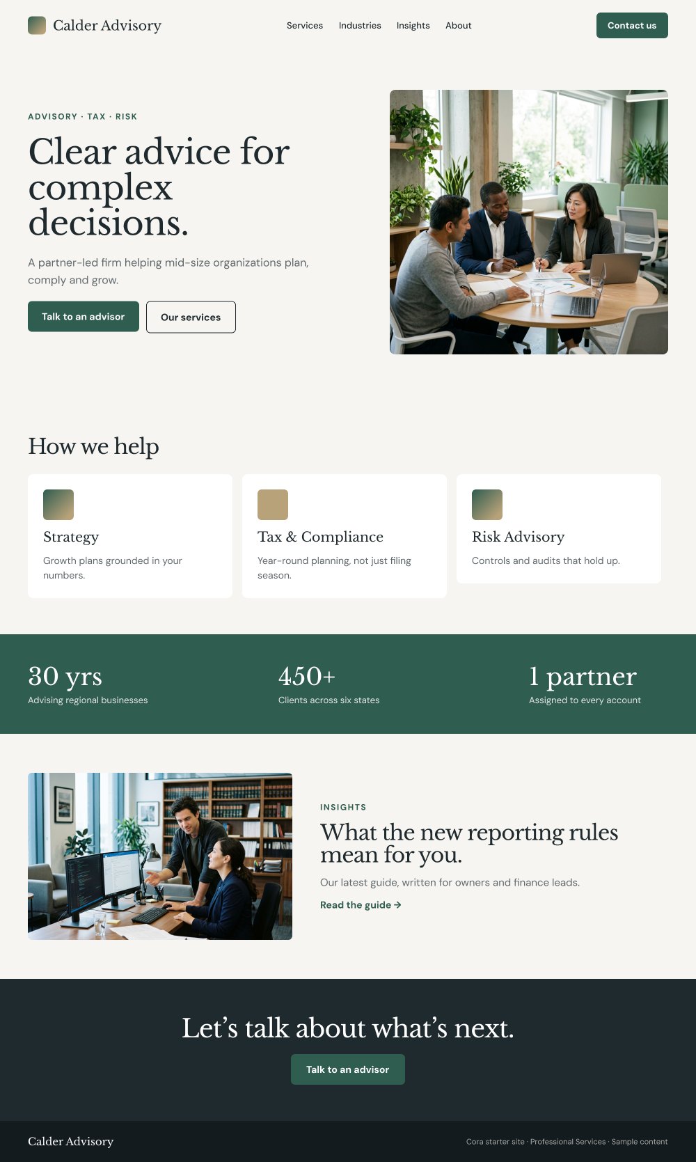 Professional services starter site homepage with service cards